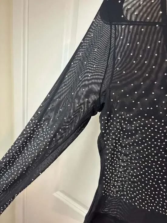 Talent Rhinestone Studded Mesh Long Sleeve Bodysuit in Black M/L - Picture 3 of 11